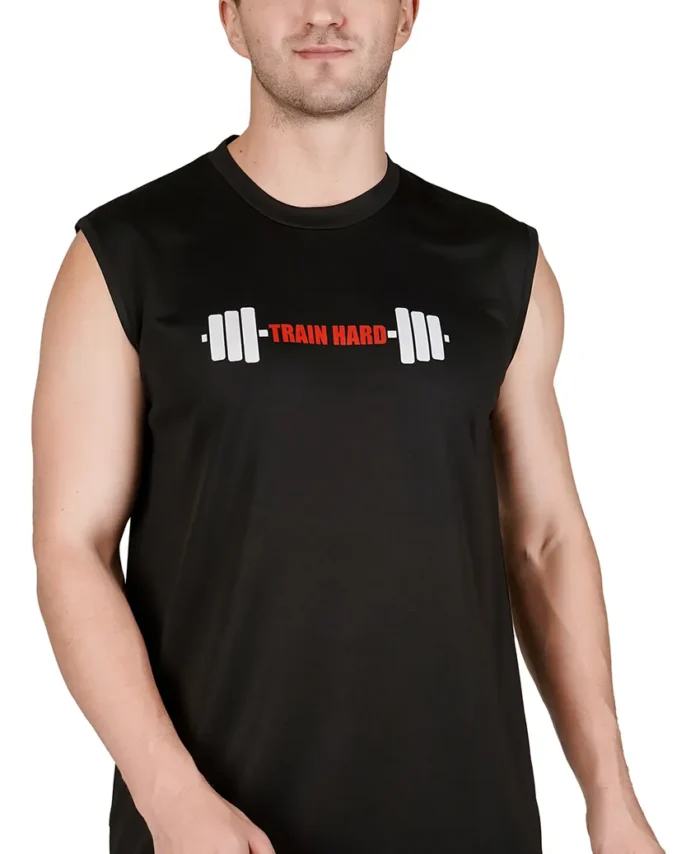 Black Sleeveless Round-Neck Train Hard T-Shirt