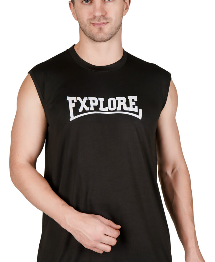 Black Sleeveless Round-Neck Explore T-Shirt